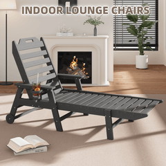 EROMMY 22" W Oversized Chaise Lounge Chairs, Adjustable HDPE Outdoor Chairs with Wheels & Cup Holder, Dark Grey