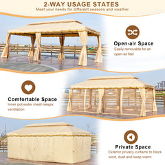 EROMMY 10x20 Outdoor Canopy Gazebo, Double Roof Patio Gazebo Steel Frame with Netting and Shade Curtains for Garden,Patio,Party Canopy, Beige-Erommy