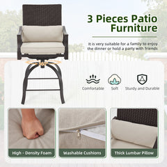 EROMMY 3 Piece Outdoor Patio Set, High Top Patio Bar Set with Round Table and 2 Swivel Dining Chairs with Lumbar Pillow, Beige-Erommy