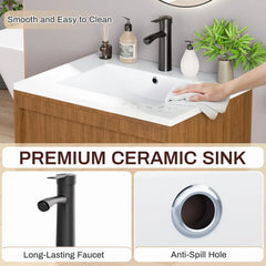 EROMMY 24 Inch Bathroom Vanity with Sink, Floating Bathroom Vanity with 2 Large Storage Drawers, Wood Grain Wall Mounted Bathroom Cabinet, Walnut