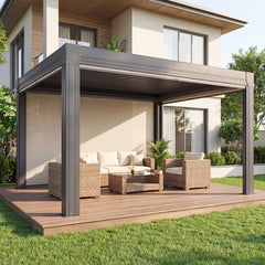 EROMMY 10' x 12' Louvered Pergola with Pull-Down Screens, Aluminum Outdoor Pergola with Retractable Roof for Patios, Decks & Backyards, Black