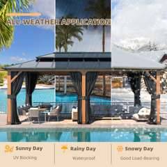 EROMMY 12'×20' Hardtop Gazebo, Faux Wood Grain Aluminum Outdoor Gazebo, Vertical Stripe Polycarbonate Double Roof, Curtains and Netting-Erommy