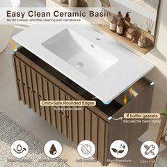 Erommy 36" Wall Mounted Single Bathroom Vanity With Ceramic Sink, Bathroom Vanity With Spacious Cabinet And 2 Soft-close Drawers, Brown