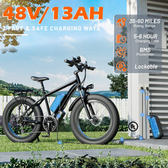 EROMMY Electric Bike for Adults,1500W Peak Motor, 26" Fat Tire E-Bike with 48V 13AH Battery, 25MPH Max 62 Miles Electric Motorcycle, 7-Speed Electric Mountain Bicycle