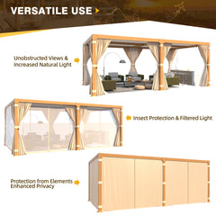 EROMMY 12x20 Louvered Pergola with Adjustable Rainproof Roof, Wood Grain Outdoor Aluminum Pergola, Curtains and Netting Included