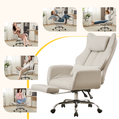 EROMMY Ergonomic Cross Legged Office Chair with Footrest,Big and Tall Leather Executive Chair with Reversible Armrest,Lumbar Pillow and Wheels,155° Reclining Computer Wide Desk Chair for Home,Office (Beige)