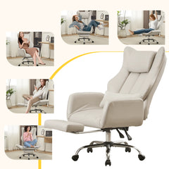 EROMMY Ergonomic Cross Legged Office Chair with Footrest,Big and Tall Leather Executive Chair with Reversible Armrest,Lumbar Pillow and Wheels,155° Reclining Computer Wide Desk Chair for Home,Office (Beige)