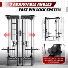 EROMMY Folding Squat Rack, Wall Mounted Power Rack with Cable Crossover Machine & LAT Pull Down Multi-Function Space-Saving Power Cage, Black