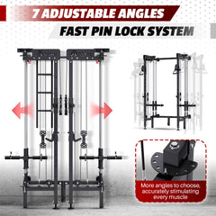 EROMMY Folding Squat Rack, Wall Mounted Power Rack with Cable Crossover Machine & LAT Pull Down Multi-Function Space-Saving Power Cage, Black
