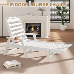 EROMMY 22" W Oversized Chaise Lounge Chairs, Adjustable HDPE Outdoor Chairs with Wheels & Cup Holder, White