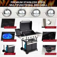 EROMMY Outdoor Burner BBQ Propane Gas Grill - 58000 BTUs Stainless Steel Patio Barbecue Grill with Stove and Side Table - Black - Propane Gas-Erommy