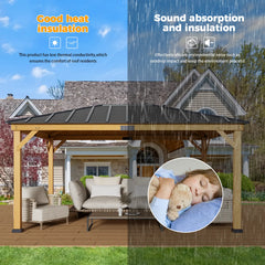 Erommy wood gazebo with a dark roof over a patio seating area, shown in an infographic highlighting heat insulation and sound absorption for outdoor comfort