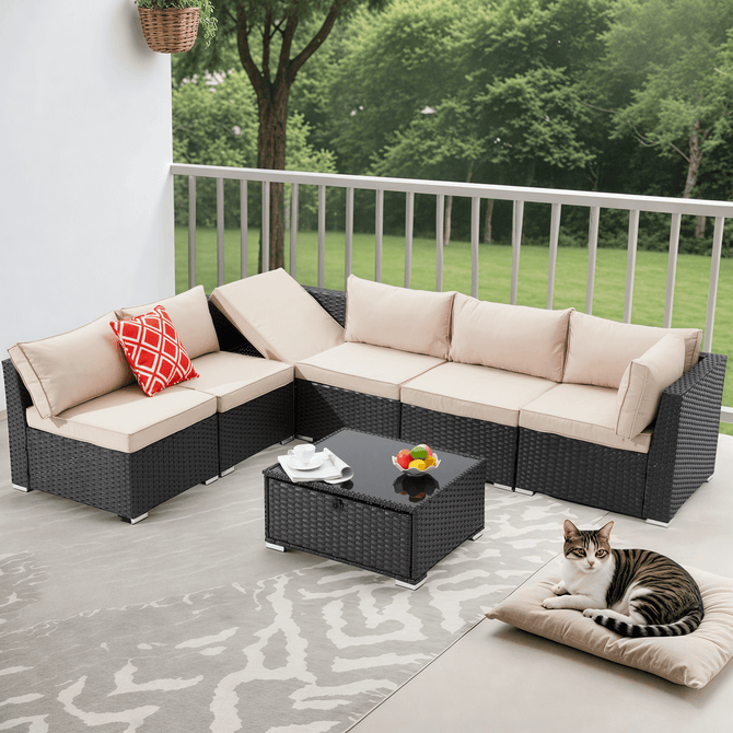 EROMMY 7 Piece Outdoor Patio Furniture with Storage Table, Cushions and Pillows, Khaki-Erommy