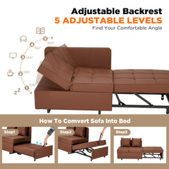 EROMMY 3 IN 1 Futon Sofa Bed Convertible Recliner Lounge for Living Room with Reclining Backrest, PU Leather, Brown-Erommy