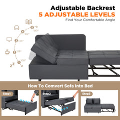 EROMMY 3 IN 1 Futon Sofa Bed Convertible Recliner Lounge for Living Room with Reclining Backrest, PU Leather, Gray-Erommy