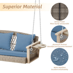 EROMMY 3 Seats Porch Swing Hanging Bench Swing Lounge Front Rattan Swing for Garden, Balcony, Blue-Erommy