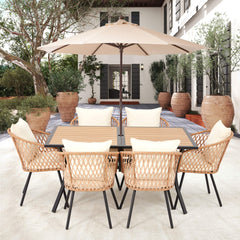 EROMMY 7-Piece Outdoor Dining Set – Rectangular Table with Umbrella Hole & 6 Rattan Chairs, Beige