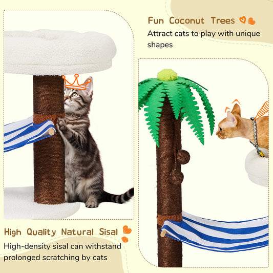 EROMMY Coconut Island Cat Tree with Nest and Hammock, 30" Cat Climbing Shelf, with Scratching Post, Dark
