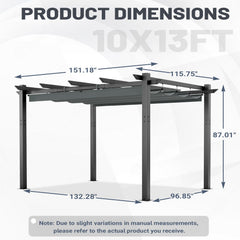 EROMMY Retractable Pergola 10x13 Ft, Outdoor Aluminum Shelter with Dual Adjustable Sun Shade Canopy for Patio Backyard, Locking System Includes Straps & Screws (Gray)