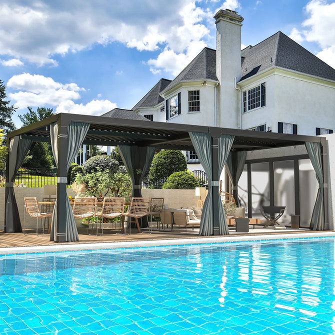 Erommy dark gray freestanding pergola with louvered roof and curtains beside a swimming pool and outdoor seating area
