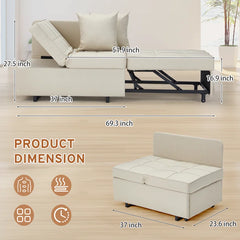 EROMMY 3-in-1 Sleeper Sofa Chair Bed, 5-position Adjustable Backrest Pull Out Sofa Bed With Faux Linen Sofa Fabric, Chair Bed, Beige-Erommy