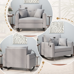 EROMMY Upholstered Oversize Rocking Chair with Adjustable Phone Handle, Nursery Rocking Chair with High Back and Side Pocket USB Port, Double Wide Rocker for Living Room, Bedroom, Nursery, Gray
