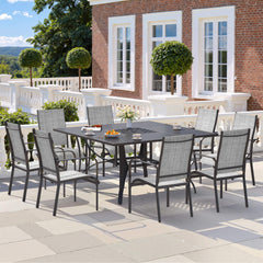 EROMMY 9 Piece Patio Dining Set, Outdoor Dining Table And Chairs Set For 8, 8 PVC-coated polyester Chairs, 1 Iron Square Table With Adjustable Umbrella Hole (1.57"-1.97"), Gray