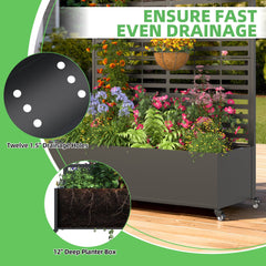 EROMMY Metal Planter Box with Trellis, 73"x 47"x 16" Raised Garden Bed with Wheels and Drainage Holes, Planter with Trellis for Garden, Balcony and Patio, Black