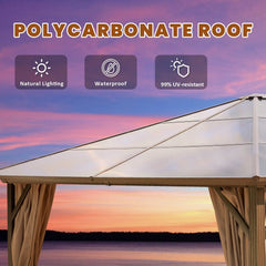 Erommy hardtop gazebo with a translucent polycarbonate roof and curtains overlooking a sunset lake, highlighting natural lighting, waterproofing, and UV resistance