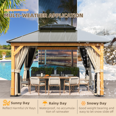 EROMMY 11'x 13' Hardtop Gazebo, Wood Outdoor Gazebo, Polycarbonate Double Roof, Netting and Curtains, Patio Gazebo-Erommy