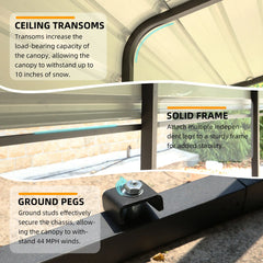 Close up of a metal carport showing ceiling transoms, solid frame supports, and ground peg hardware for added stability