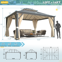 EROMMY 12'x14' Hardtop Permanent Outdoor Aluminum Patio Gazebo with Double Roof for Patio and Garden, Curtains and Netting