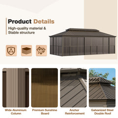 Erommy 12' × 24' Sunroom Patio Hardtop Gazebo, Double Top Galvanized Steel Roof Aluminum Solarium, All-Season Outdoor Pergola with Sliding Doors & Slideable PE Screen Window for Garden, Deck, Backyard-Erommy