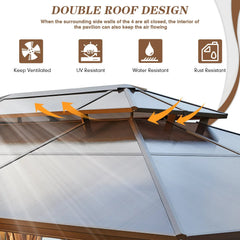Double roof gazebo canopy with translucent panels and ventilation arrows illustrating airflow between the roof layers for UV and weather protection