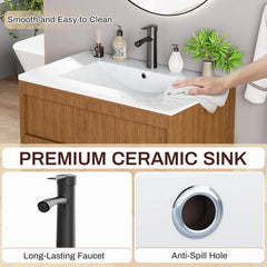 EROMMY 30 Inch Bathroom Vanity with Sink, Floating Bathroom Vanity with 2 Large Storage Drawers, Wood Grain Wall Mounted Bathroom Cabinet, Walnut