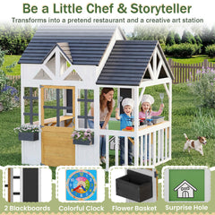 EROMMY Outdoor Play House for Kids, Elevated Roof Wooden Kids Playhouse with Kitchen Toys, Blackboard,Magnetic Door, Flowerpot Holders, Pet Hole, Clock,Black and White
