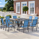 EROMMY 9 Piece Patio Dining Set, Outdoor Dining Table And Chairs Set For 8, 8 PVC-coated polyester Chairs, 1 Iron Square Table With Adjustable Umbrella Hole (1.57"-1.97"), Blue