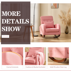 EROMMY Solid Wood Rocking Chair with Cushion & Blanket, Pink, Low Legs-Erommy
