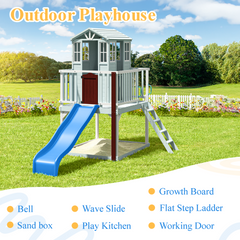 Erommy Outdoor Wooden Playhouse for Kids - Fir Tree House with Slide, Climbing Ladder & Play Kitchen | Ages 4-8, Gray-Erommy