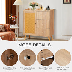 EROMMY Modern Cabinet with Rattan Door and 3 Drawers for Living Room, Kitchen, and Dining Room-Erommy