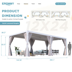 EROMMY Louvered Pergola 12x24, Aluminum Pergola with Adjustable Louvered Roof, Outdoor Pergola with Waterproof Curtains and Nets, White