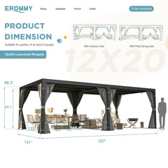 Erommy dark grey 12 x 20 louvered pergola with curtains, outdoor dining set, and dimension measurements shown in an infographic