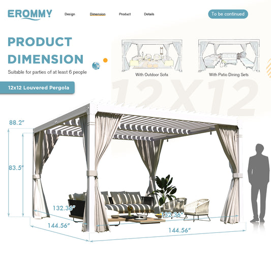 EROMMY Louvered Pergola 12x12, Aluminum Pergola with Adjustable Louvered Roof, Outdoor Pergola with Waterproof Curtains and Nets, White