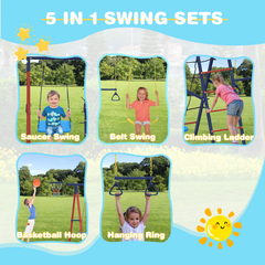 EROMMY Outdoor Heavy-Duty Metal 5 in 1 Playset for Kids, 440 lbs-Erommy