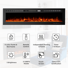 EROMMY 60in Electric Fireplace Insert, Touch Screen, Overheating Protection, Log&Crystal, 750/1500W