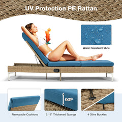 EROMMY 2PCS Patio Rattan Chaise Lounge Chair Outdoor Wicker Recliner Thickened Cushion Stepless Adjustable with Gas Cylinder (Blue)