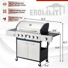 EROMMY 6 Burner BBQ Propane Gas Grill, 58,000 BTU Stainless Steel Patio Garden Barbecue Grill with Stove and Side Table-Erommy