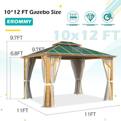 EROMMY 10'x12' Gazebo, Outdoor Wood Grain Hardtop Gazebos, Aluminum Composite Double Roof with Privacy Curtain and Mosquito Net Green-Erommy