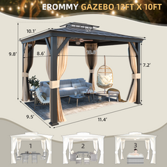 EROMMY 10'x12' Hardtop Gazebo, Outdoor Gazebo Canopy, Acrylic & Galvanized Steel Roof, Aluminum Frame with Curtains and Netting
