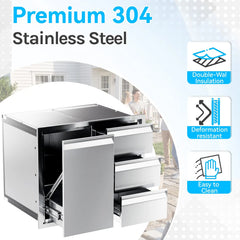 EROMMY Outdoor Kitchen Drawer and Trash Bin Combo - 28"Wx20"Dx23"H Built-in 304 Stainless Steel Cabinet with Triple Drawers & Pull-Out Trash Drawer, Silver